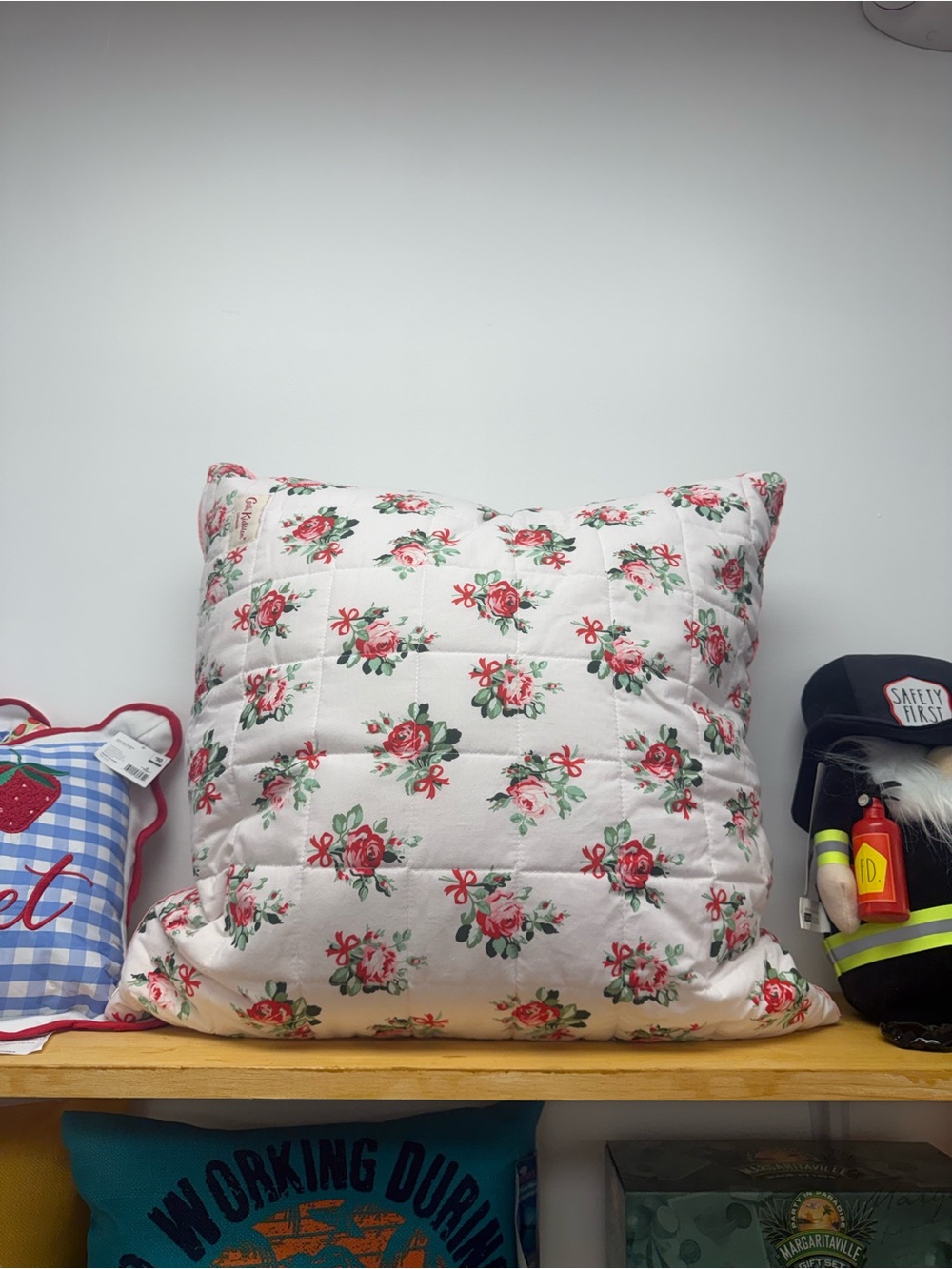 New Cath Kidson Floral Quilted Throw Pillow - White with Pink Rose Print